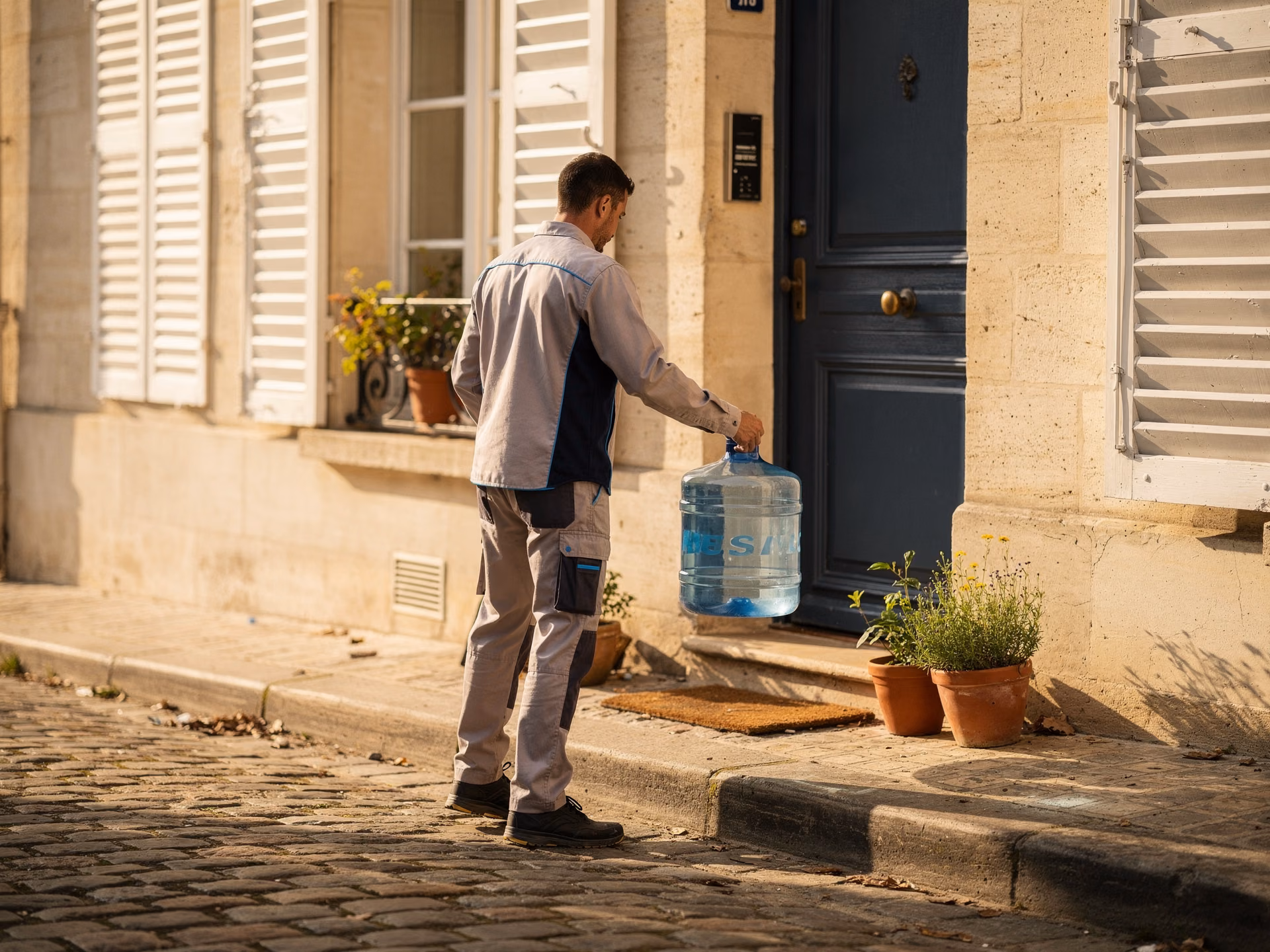 Livreur déposant une bonbonne d'eau de 18 litres devant la porte d'une maison française