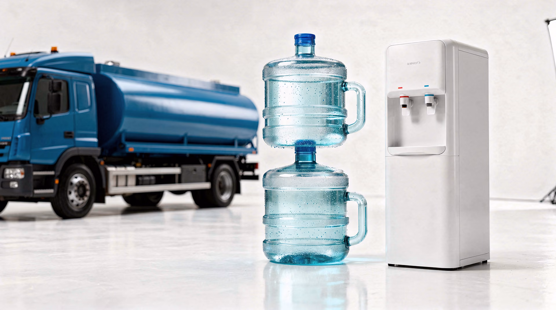 Composition montrant un camion-citerne d'eau, une bonbonne 18 litres et une fontaine à eau côte à côte sur fond clair