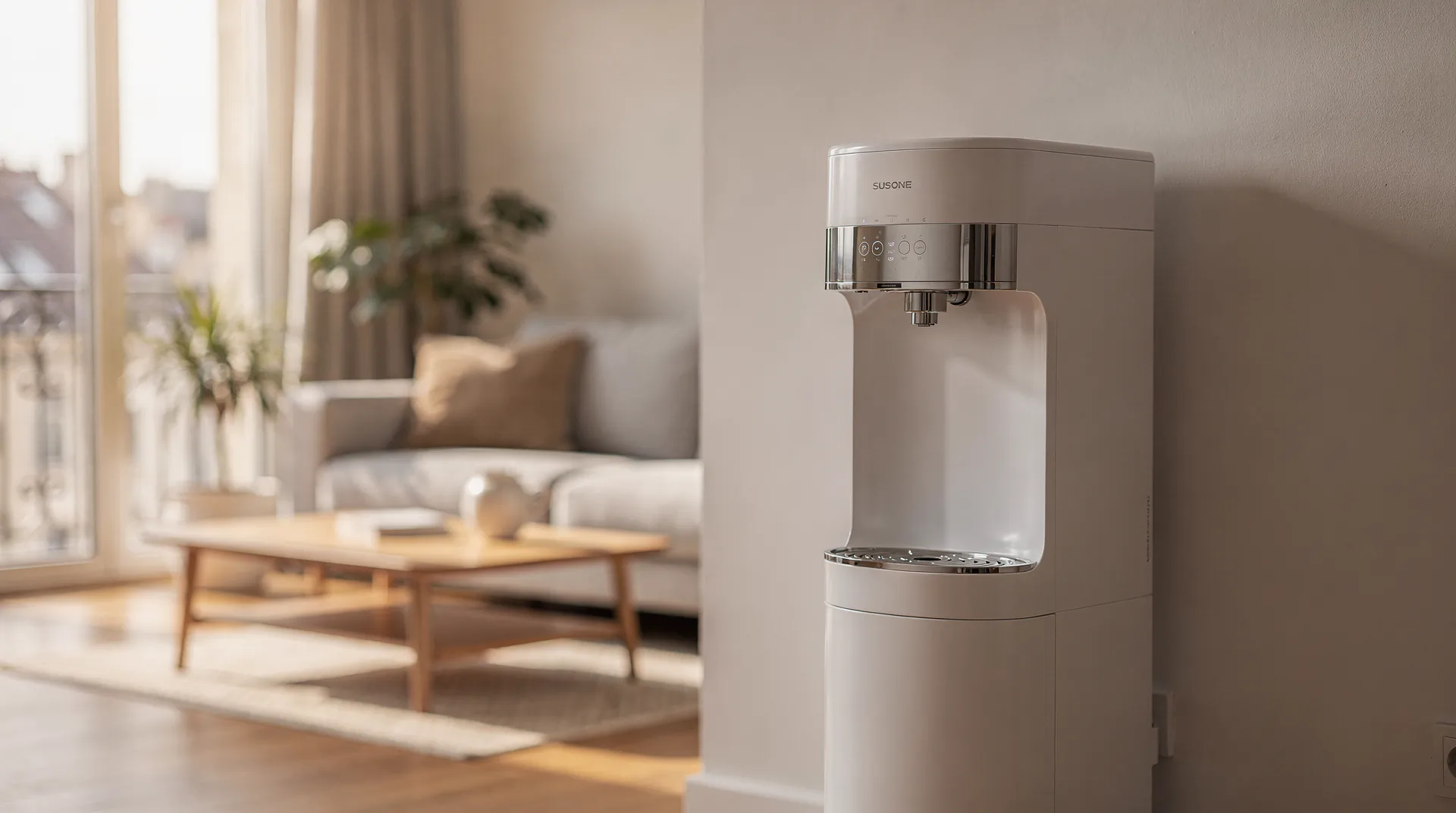 Fontaine à eau design installée dans le coin cuisine d'un appartement particulier