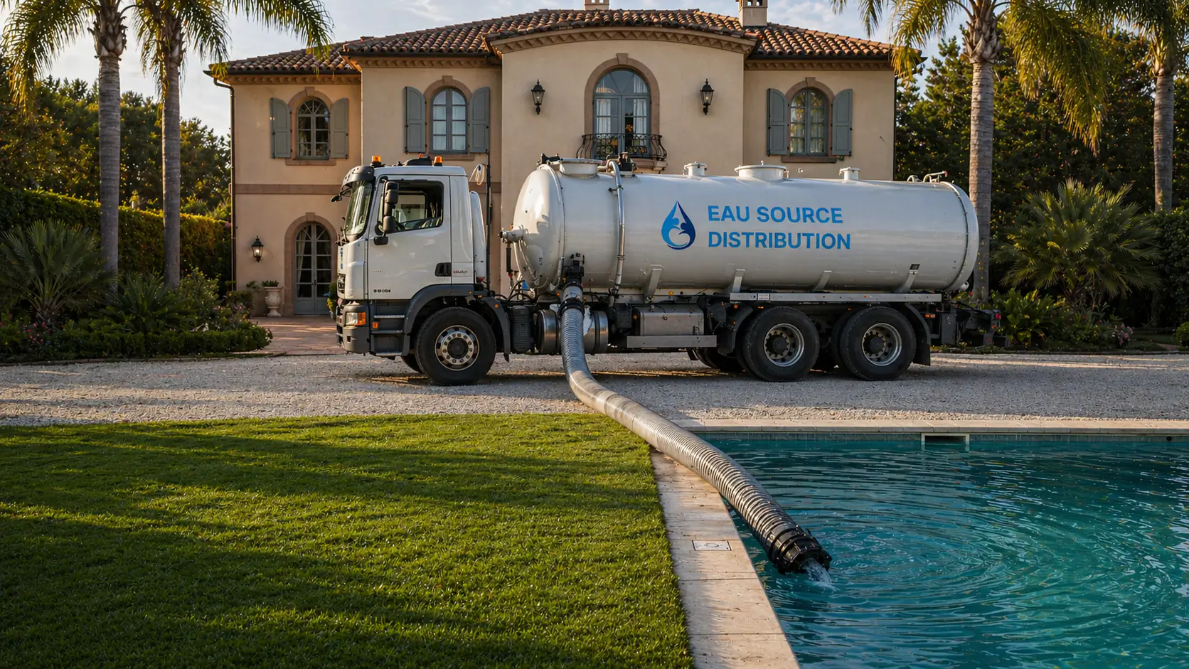 Camion-citerne Eau Source Distribution remplissant une piscine particulière dans une villa du sud de la France